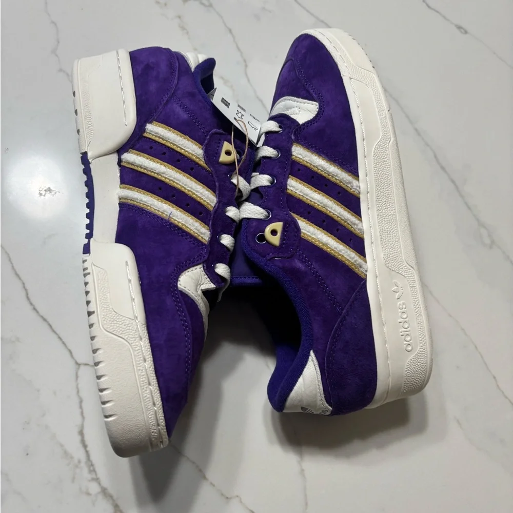adidas Purple Suede Sneakers with White and Gold Accents